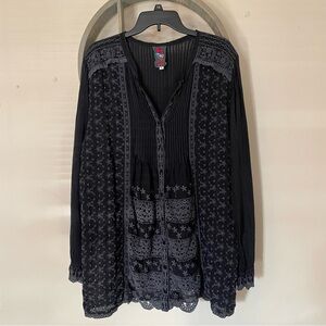 Johnny Was Dark Grey Eyelet Embroidered Tunic Long Sleeve Top
